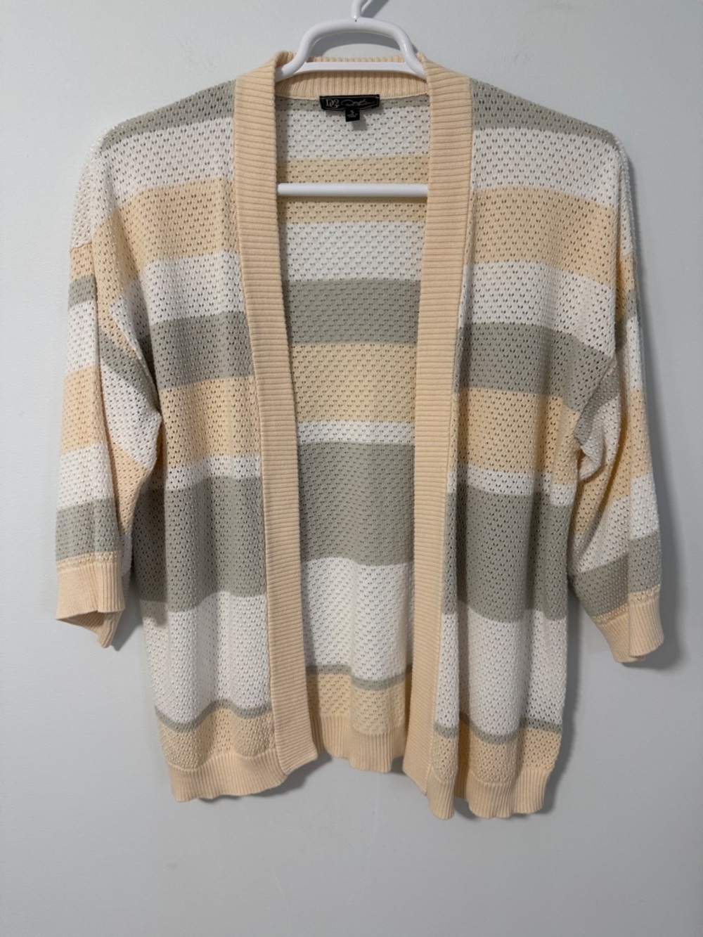 DG2 by Diane Gilman Crochet Knit Open-Front Cardigan - Cream, Beige & Gray SZS - Picture 15 of 16